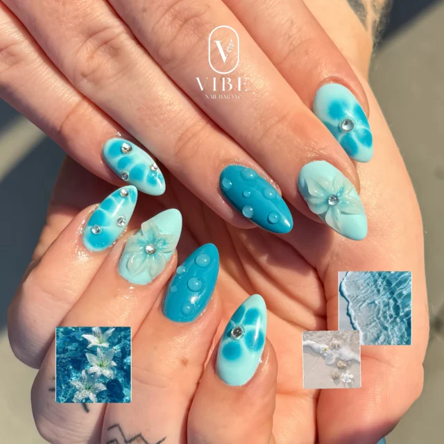 Some sets just feel like summer at Vibe ðŸŒŠðŸ©µ
Book your appointment today . Let our expert bring your nail vision to lifeâœ¨
â€”â€”
VIBE NAIL BAR YYC
ðŸ“ 5751 Signal Hill Centre SW, Calgary, AB T3H 3P8
ðŸ“ž(403) 719-6899 
ðŸŒvibenailbaryyc.com 

#yycnails #calgarynailtech #blueaesthetic #summernailinspo #naildesigns